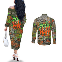 Yeah Nah Graffiti Skull New Zealand Slang Couples Matching Off The Shoulder Long Sleeve Dress and Long Sleeve Button Shirt Kiwi Grunge Brick Wall and Bold Urban Street Art