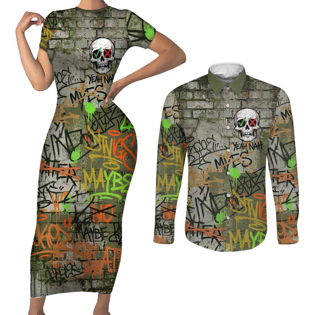Yeah Nah Graffiti Skull New Zealand Slang Couples Matching Short Sleeve Bodycon Dress and Long Sleeve Button Shirt Kiwi Grunge Brick Wall and Bold Urban Street Art