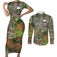 Yeah Nah Graffiti Skull New Zealand Slang Couples Matching Short Sleeve Bodycon Dress and Long Sleeve Button Shirt Kiwi Grunge Brick Wall and Bold Urban Street Art