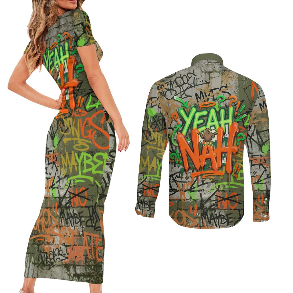 Yeah Nah Graffiti Skull New Zealand Slang Couples Matching Short Sleeve Bodycon Dress and Long Sleeve Button Shirt Kiwi Grunge Brick Wall and Bold Urban Street Art