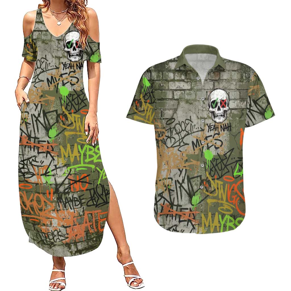 Yeah Nah Graffiti Skull New Zealand Slang Couples Matching Summer Maxi Dress and Hawaiian Shirt Kiwi Grunge Brick Wall and Bold Urban Street Art