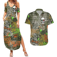 Yeah Nah Graffiti Skull New Zealand Slang Couples Matching Summer Maxi Dress and Hawaiian Shirt Kiwi Grunge Brick Wall and Bold Urban Street Art