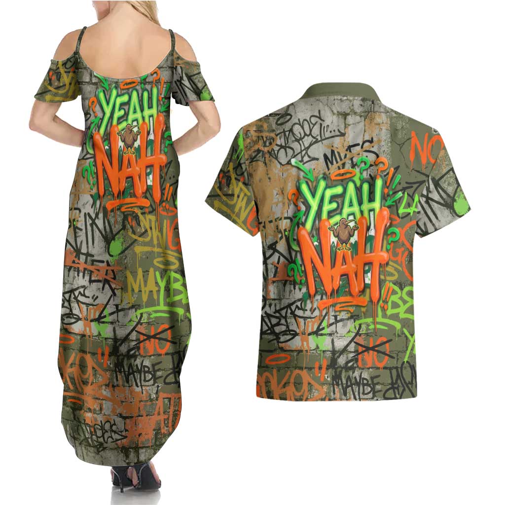 Yeah Nah Graffiti Skull New Zealand Slang Couples Matching Summer Maxi Dress and Hawaiian Shirt Kiwi Grunge Brick Wall and Bold Urban Street Art