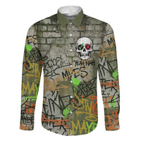 Yeah Nah Graffiti Skull New Zealand Slang Family Matching Long Sleeve Bodycon Dress and Hawaiian Shirt Kiwi Grunge Brick Wall and Bold Urban Street Art TS04 Dad's Shirt - Long Sleeve Multicolor - Polynesian Pride