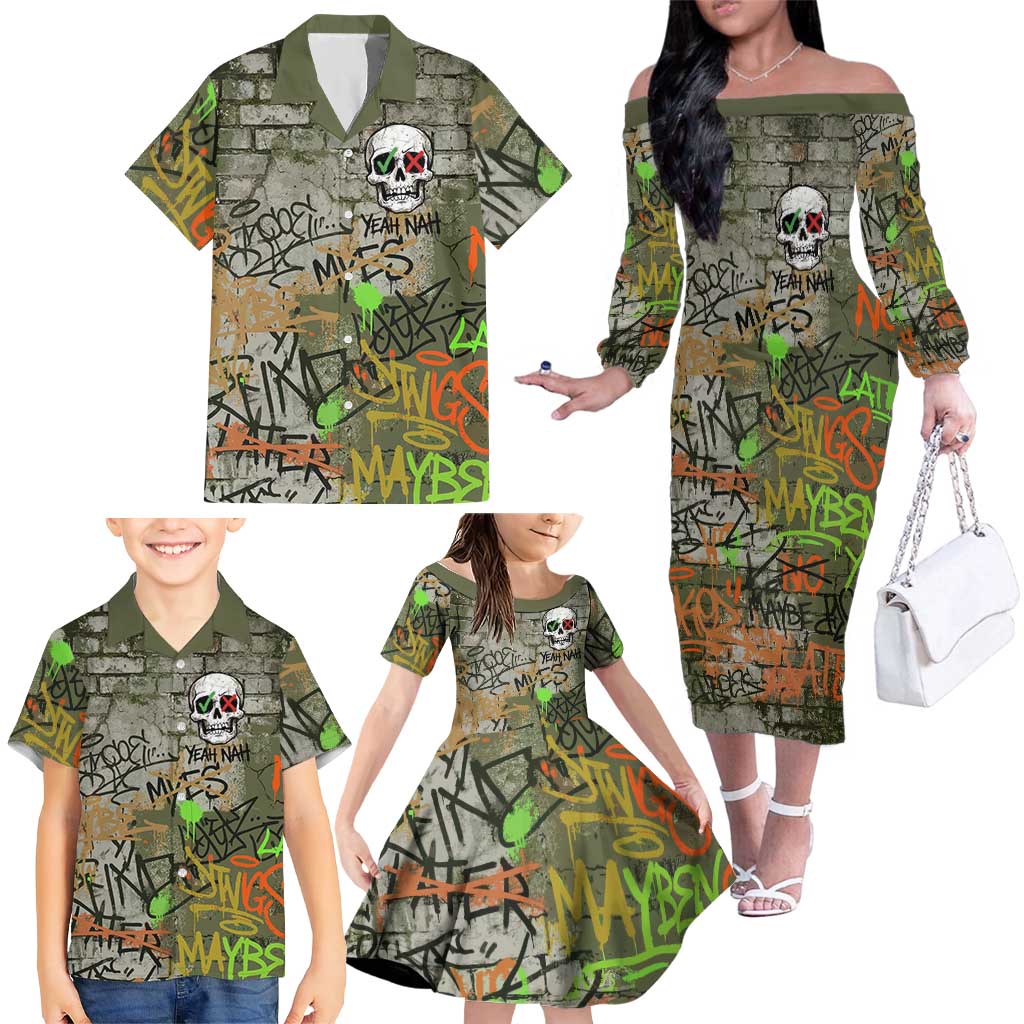 Yeah Nah Graffiti Skull New Zealand Slang Family Matching Off The Shoulder Long Sleeve Dress and Hawaiian Shirt Kiwi Grunge Brick Wall and Bold Urban Street Art TS04 - Polynesian Pride