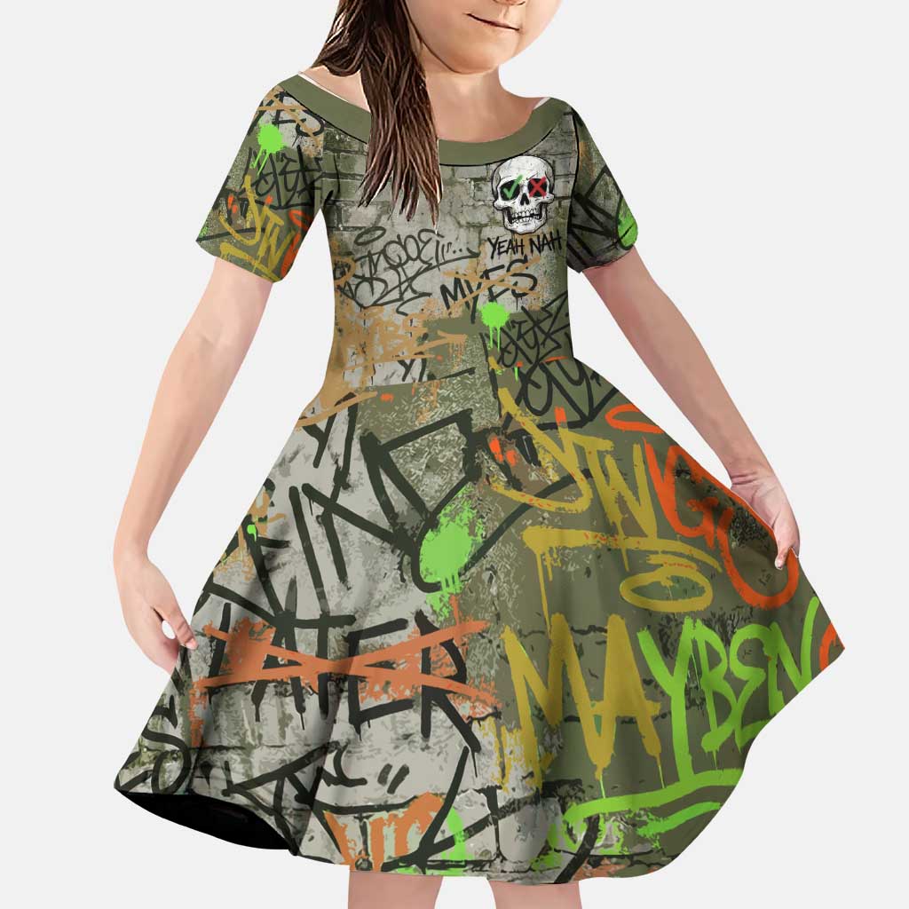 Yeah Nah Graffiti Skull New Zealand Slang Family Matching Off Shoulder Short Dress and Hawaiian Shirt Kiwi Grunge Brick Wall and Bold Urban Street Art TS04 Daughter's Dress Multicolor - Polynesian Pride