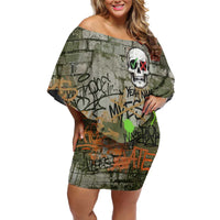 Yeah Nah Graffiti Skull New Zealand Slang Family Matching Off Shoulder Short Dress and Hawaiian Shirt Kiwi Grunge Brick Wall and Bold Urban Street Art TS04 Mom's Dress Multicolor - Polynesian Pride