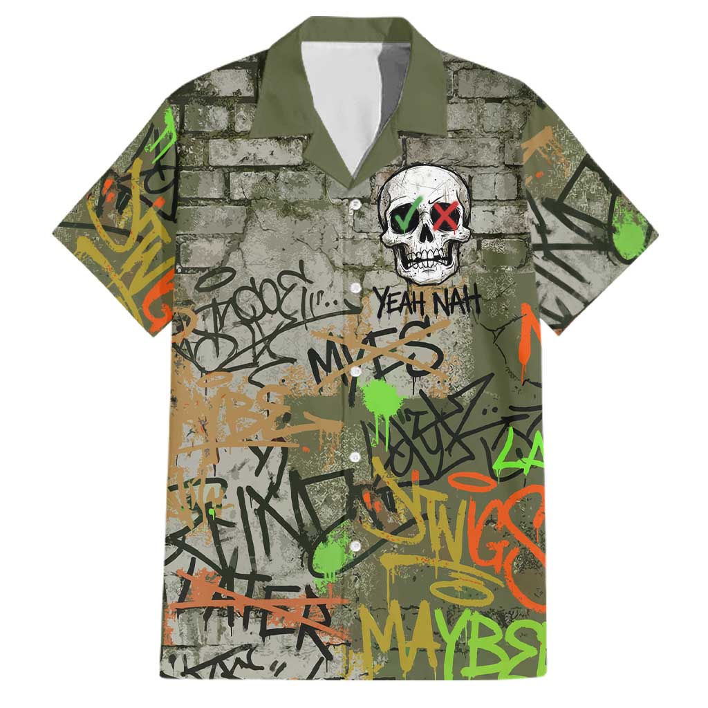 Yeah Nah Graffiti Skull New Zealand Slang Family Matching Short Sleeve Bodycon Dress and Hawaiian Shirt Kiwi Grunge Brick Wall and Bold Urban Street Art TS04 Dad's Shirt - Short Sleeve Multicolor - Polynesian Pride
