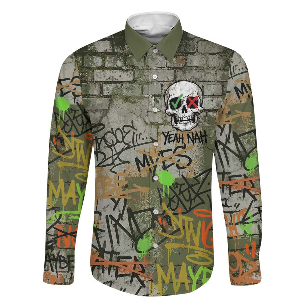 Yeah Nah Graffiti Skull New Zealand Slang Family Matching Short Sleeve Bodycon Dress and Hawaiian Shirt Kiwi Grunge Brick Wall and Bold Urban Street Art TS04 Dad's Shirt - Long Sleeve Multicolor - Polynesian Pride