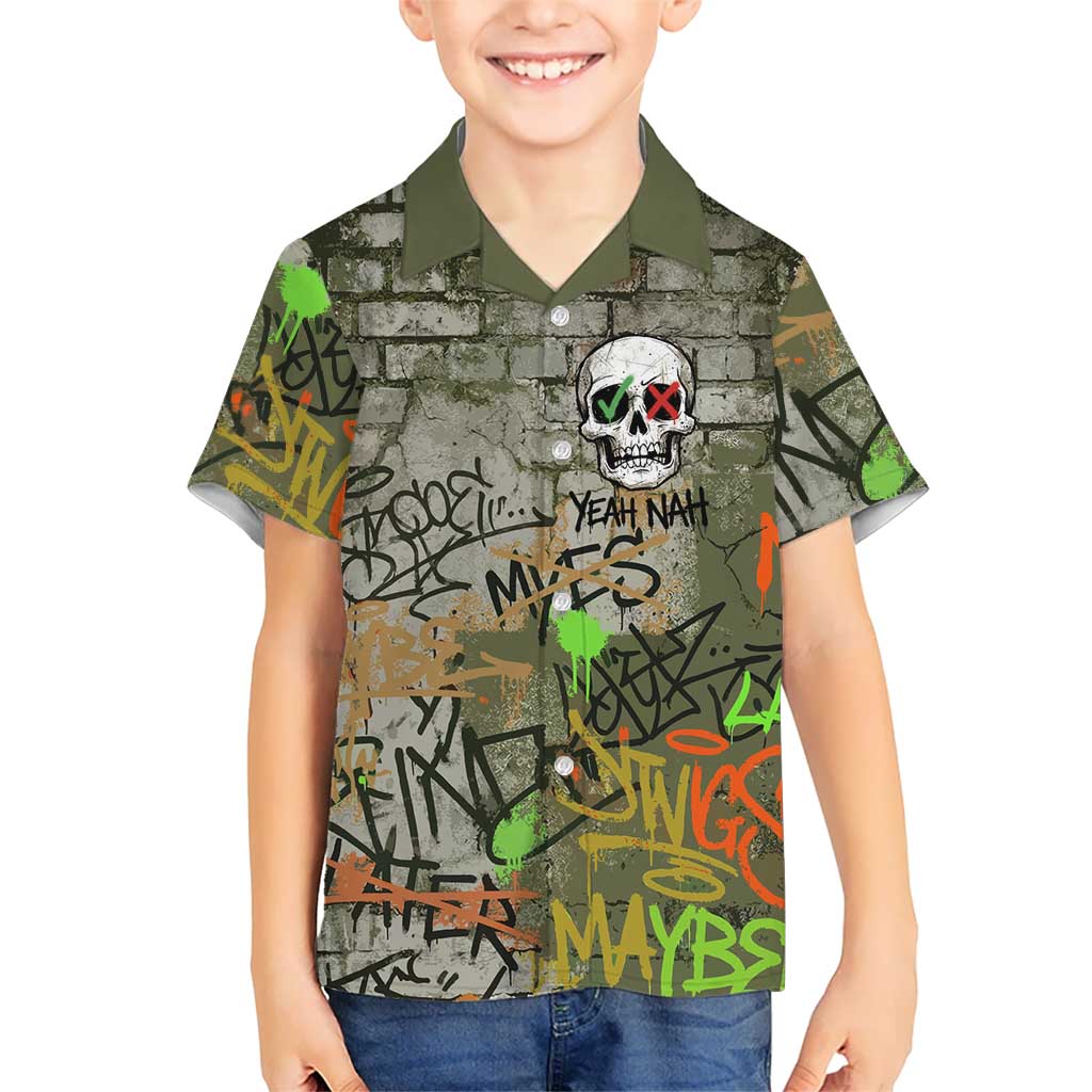 Yeah Nah Graffiti Skull New Zealand Slang Family Matching Short Sleeve Bodycon Dress and Hawaiian Shirt Kiwi Grunge Brick Wall and Bold Urban Street Art TS04 Son's Shirt Multicolor - Polynesian Pride