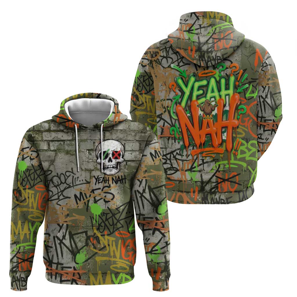 Yeah Nah Graffiti Skull New Zealand Slang Hoodie Kiwi Grunge Brick Wall and Bold Urban Street Art