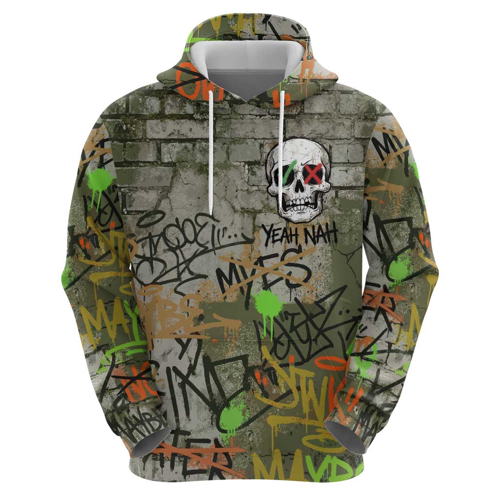 Yeah Nah Graffiti Skull New Zealand Slang Hoodie Kiwi Grunge Brick Wall and Bold Urban Street Art