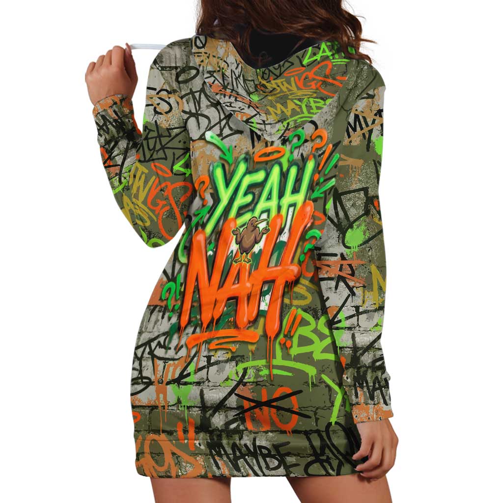 Yeah Nah Graffiti Skull New Zealand Slang Hoodie Dress Kiwi Grunge Brick Wall and Bold Urban Street Art