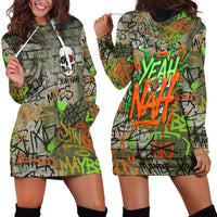 Yeah Nah Graffiti Skull New Zealand Slang Hoodie Dress Kiwi Grunge Brick Wall and Bold Urban Street Art