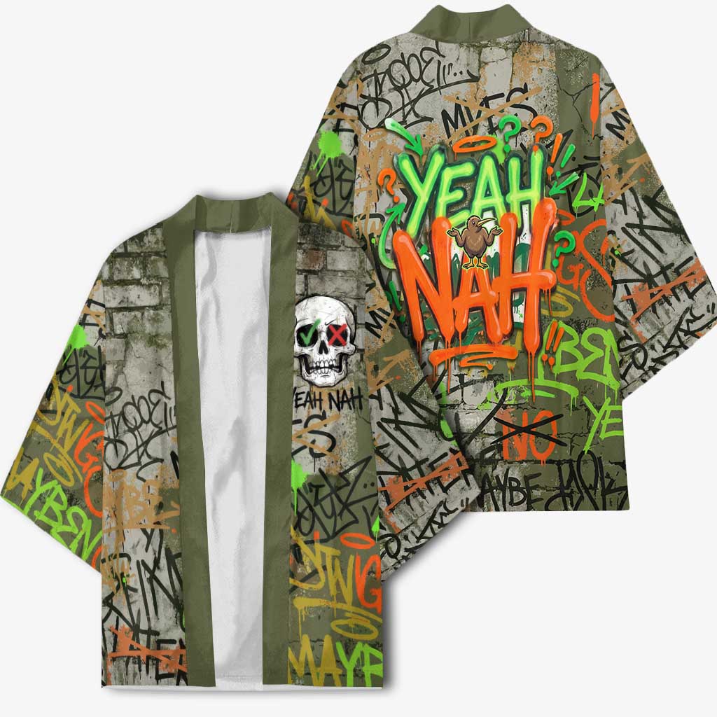 Yeah Nah Graffiti Skull New Zealand Slang Kimono Kiwi Grunge Brick Wall and Bold Urban Street Art