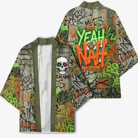 Yeah Nah Graffiti Skull New Zealand Slang Kimono Kiwi Grunge Brick Wall and Bold Urban Street Art