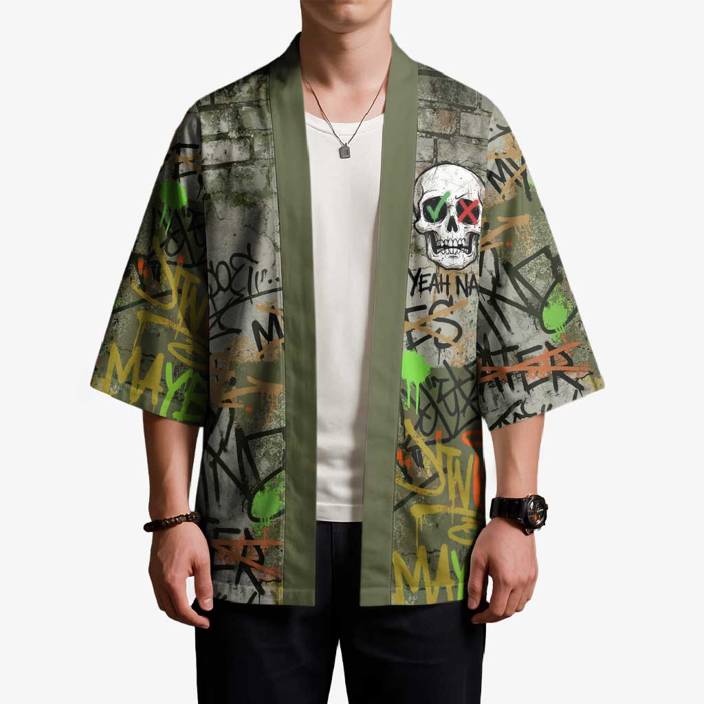Yeah Nah Graffiti Skull New Zealand Slang Kimono Kiwi Grunge Brick Wall and Bold Urban Street Art