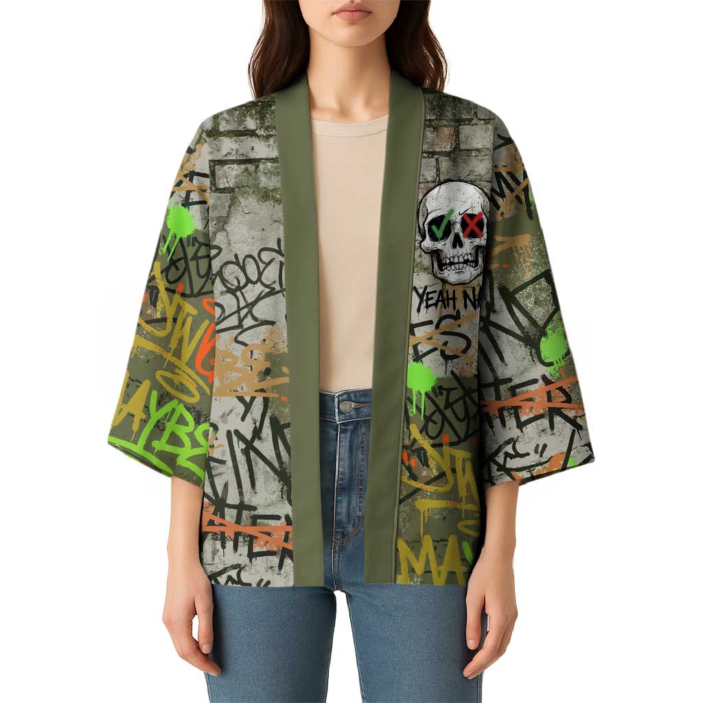 Yeah Nah Graffiti Skull New Zealand Slang Kimono Kiwi Grunge Brick Wall and Bold Urban Street Art
