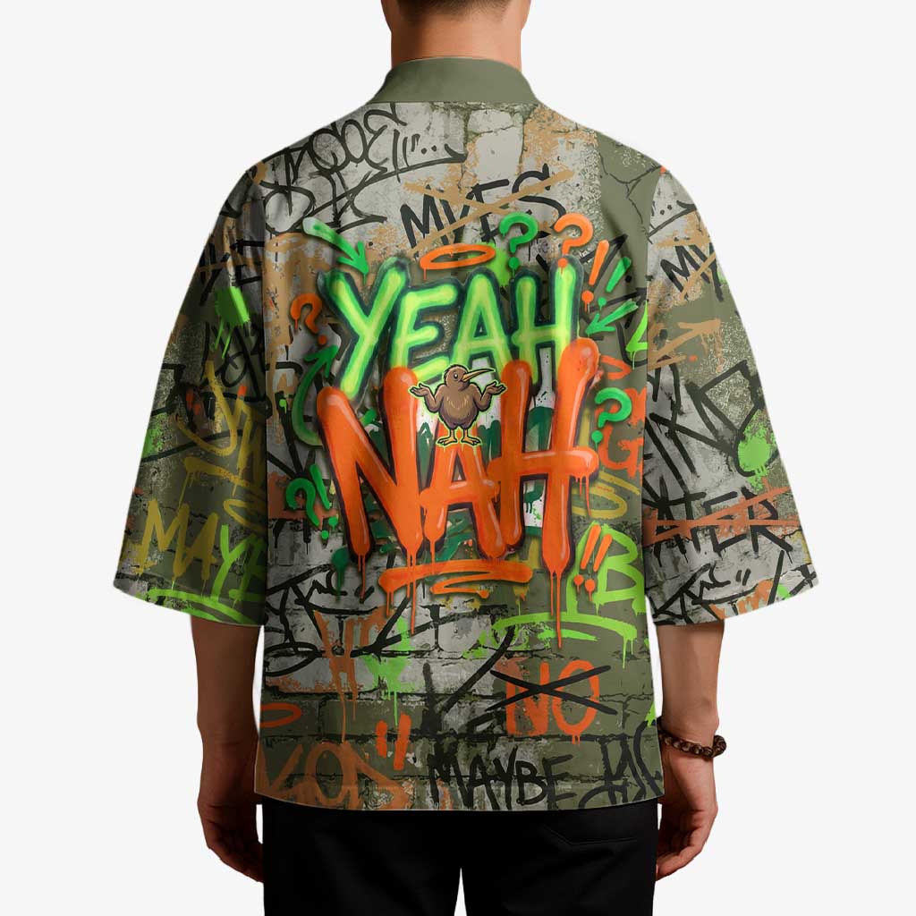 Yeah Nah Graffiti Skull New Zealand Slang Kimono Kiwi Grunge Brick Wall and Bold Urban Street Art