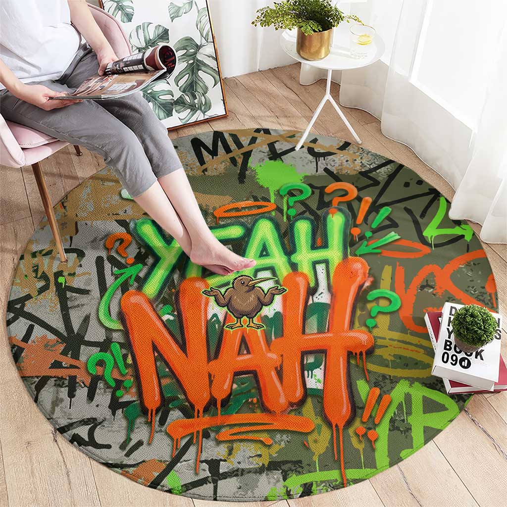 Yeah Nah Graffiti Skull New Zealand Slang Round Carpet Kiwi Grunge Brick Wall and Bold Urban Street Art