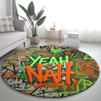Yeah Nah Graffiti Skull New Zealand Slang Round Carpet Kiwi Grunge Brick Wall and Bold Urban Street Art
