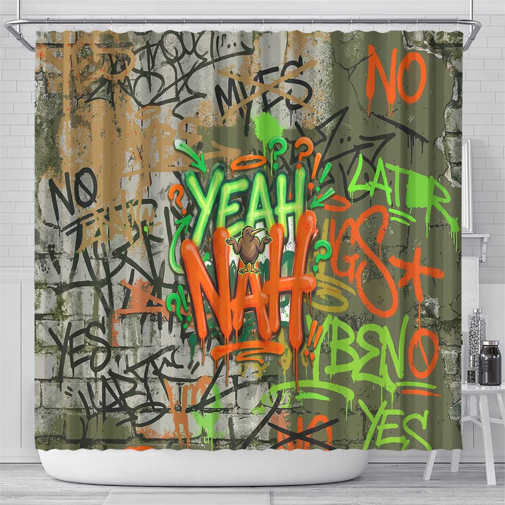 Yeah Nah Graffiti Skull New Zealand Slang Shower Curtain Kiwi Grunge Brick Wall and Bold Urban Street Art