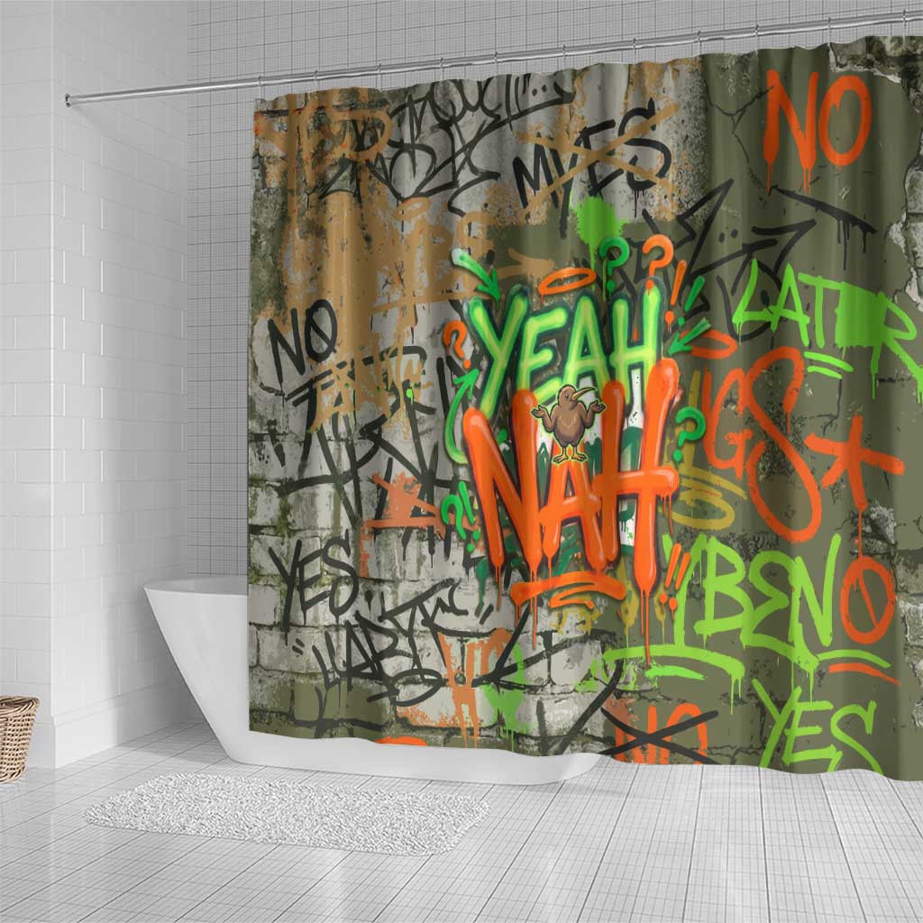 Yeah Nah Graffiti Skull New Zealand Slang Shower Curtain Kiwi Grunge Brick Wall and Bold Urban Street Art