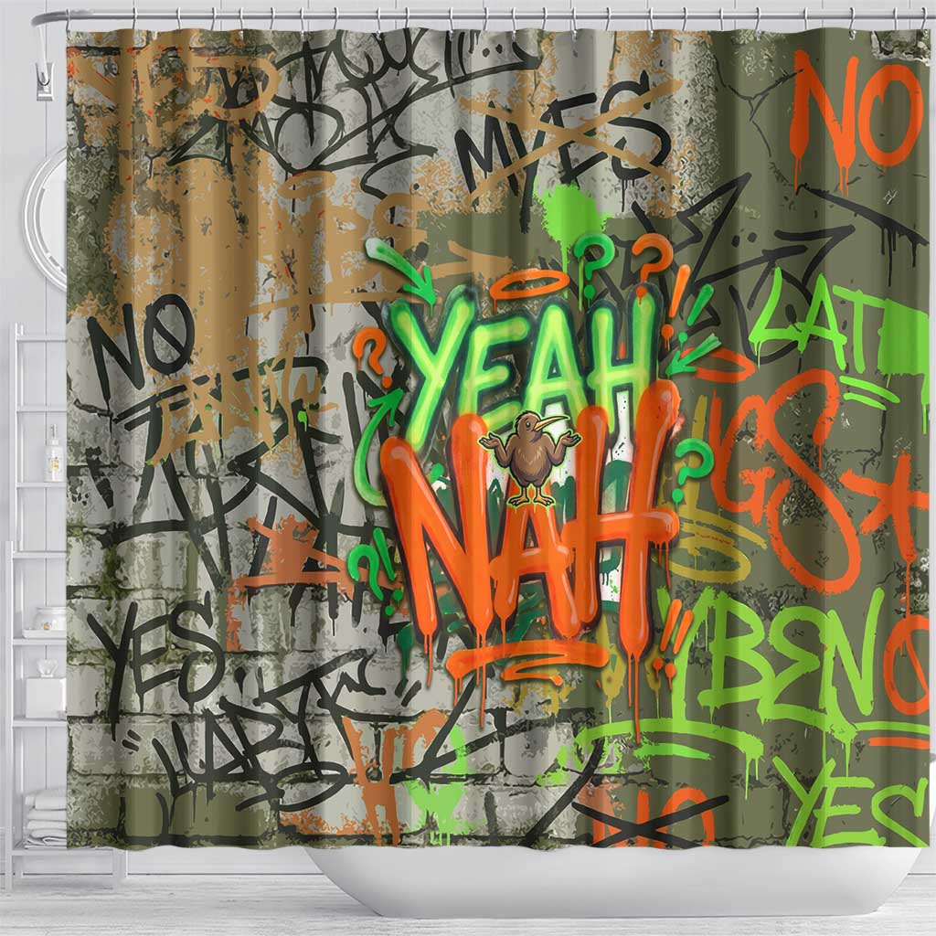 Yeah Nah Graffiti Skull New Zealand Slang Shower Curtain Kiwi Grunge Brick Wall and Bold Urban Street Art