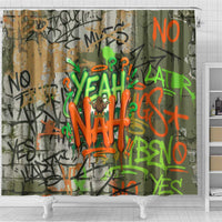 Yeah Nah Graffiti Skull New Zealand Slang Shower Curtain Kiwi Grunge Brick Wall and Bold Urban Street Art