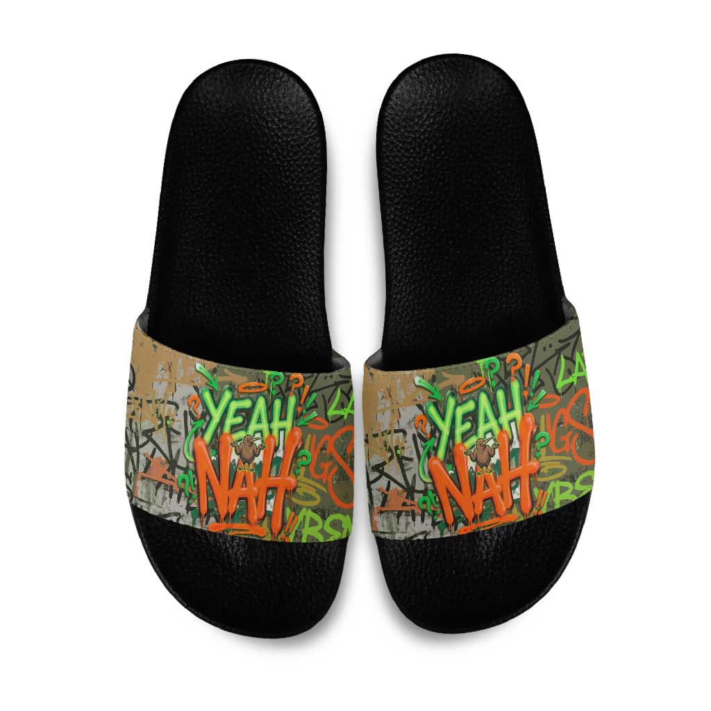 Yeah Nah Graffiti Skull New Zealand Slang Slide Sandals Kiwi Grunge Brick Wall and Bold Urban Street Art