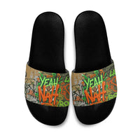 Yeah Nah Graffiti Skull New Zealand Slang Slide Sandals Kiwi Grunge Brick Wall and Bold Urban Street Art