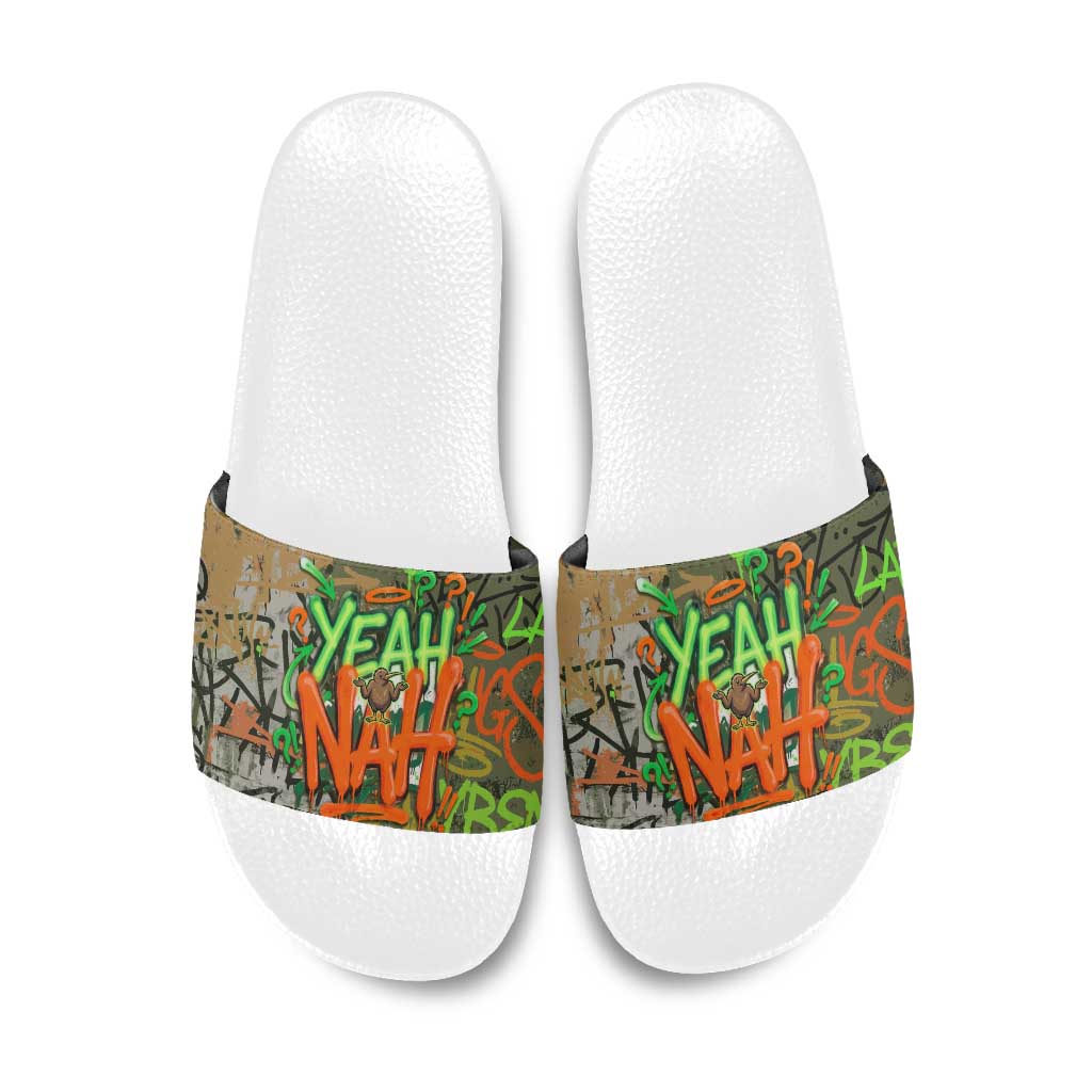 Yeah Nah Graffiti Skull New Zealand Slang Slide Sandals Kiwi Grunge Brick Wall and Bold Urban Street Art