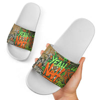 Yeah Nah Graffiti Skull New Zealand Slang Slide Sandals Kiwi Grunge Brick Wall and Bold Urban Street Art
