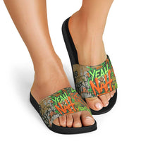 Yeah Nah Graffiti Skull New Zealand Slang Slide Sandals Kiwi Grunge Brick Wall and Bold Urban Street Art