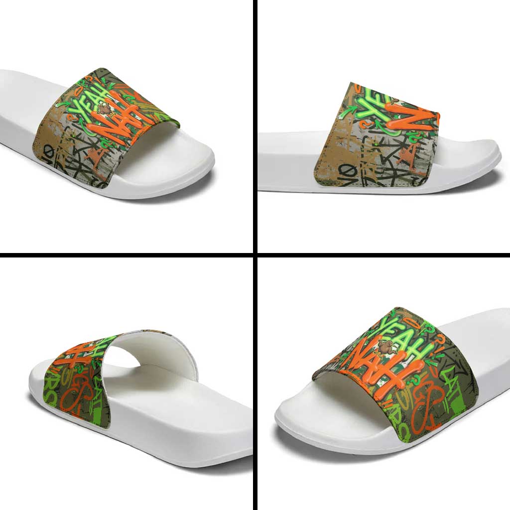 Yeah Nah Graffiti Skull New Zealand Slang Slide Sandals Kiwi Grunge Brick Wall and Bold Urban Street Art