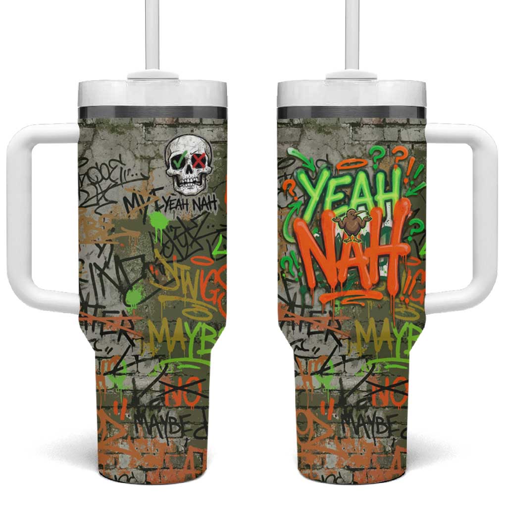 Yeah Nah Graffiti Skull New Zealand Slang Tumbler With Handle Kiwi Grunge Brick Wall and Bold Urban Street Art TS04 One Size: 40 oz Multicolor - Polynesian Pride