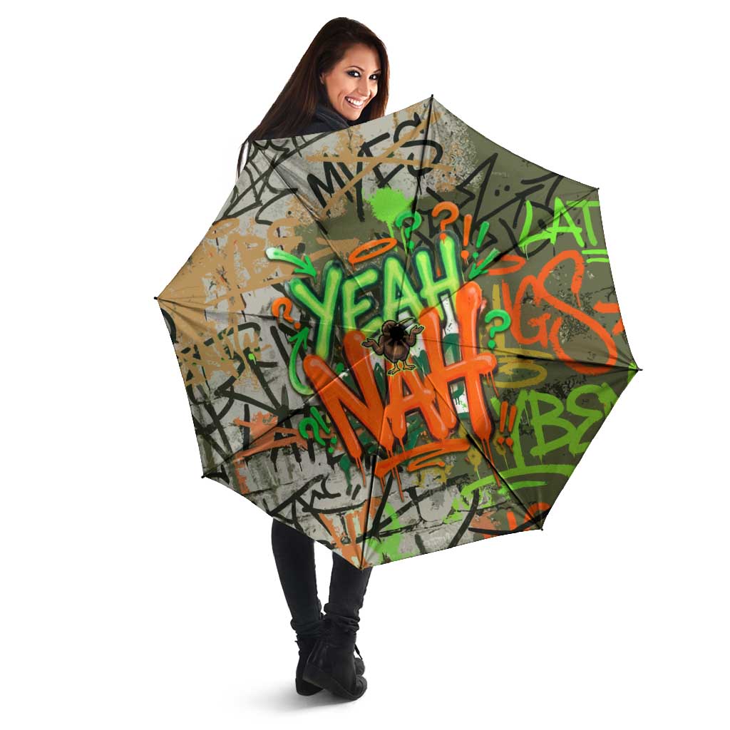 Yeah Nah Graffiti Skull New Zealand Slang Umbrella Kiwi Grunge Brick Wall and Bold Urban Street Art