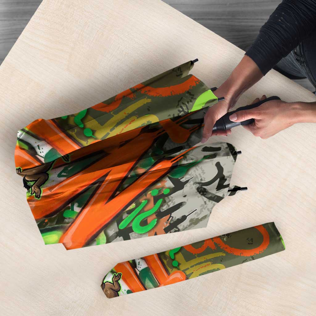 Yeah Nah Graffiti Skull New Zealand Slang Umbrella Kiwi Grunge Brick Wall and Bold Urban Street Art