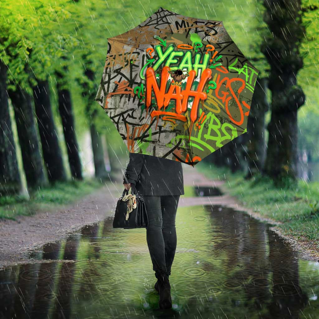 Yeah Nah Graffiti Skull New Zealand Slang Umbrella Kiwi Grunge Brick Wall and Bold Urban Street Art