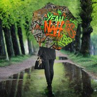 Yeah Nah Graffiti Skull New Zealand Slang Umbrella Kiwi Grunge Brick Wall and Bold Urban Street Art