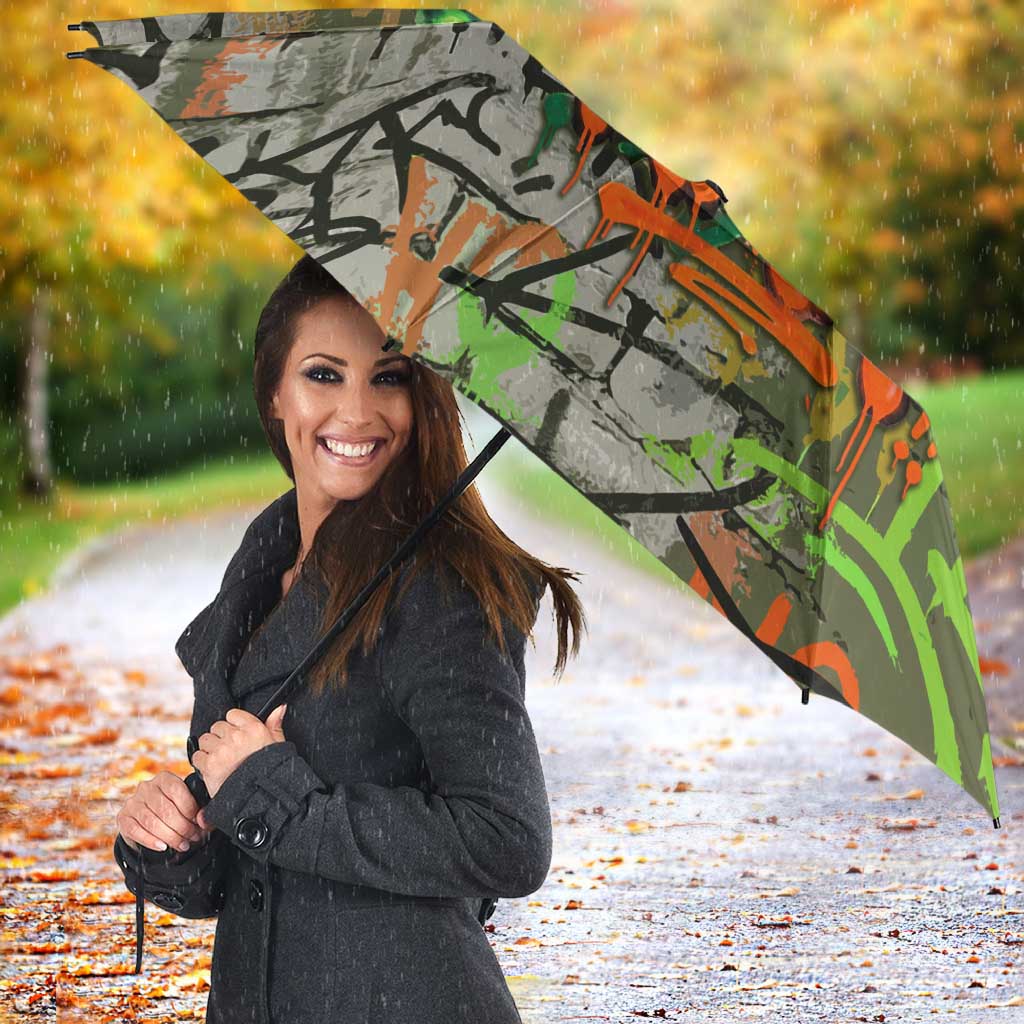 Yeah Nah Graffiti Skull New Zealand Slang Umbrella Kiwi Grunge Brick Wall and Bold Urban Street Art