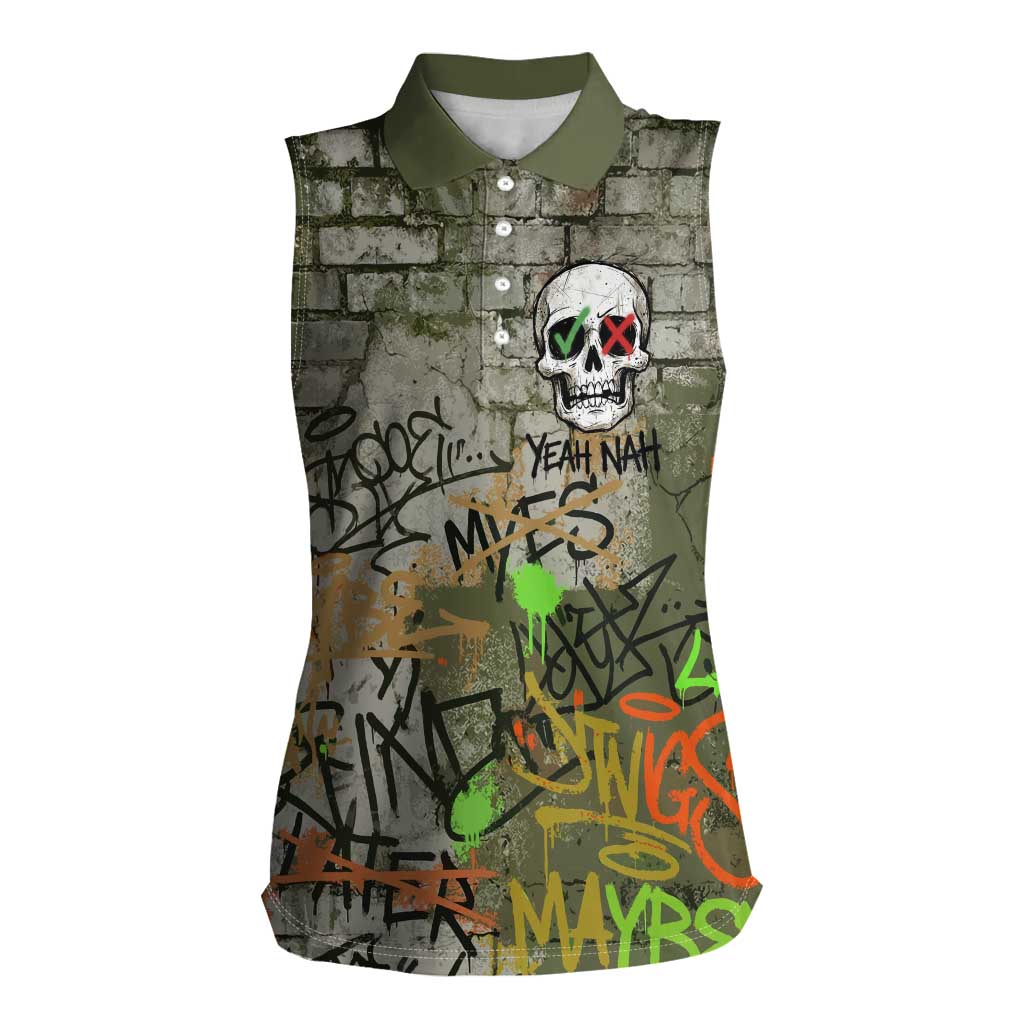 Yeah Nah Graffiti Skull New Zealand Slang Women Sleeveless Polo Shirt Kiwi Grunge Brick Wall and Bold Urban Street Art