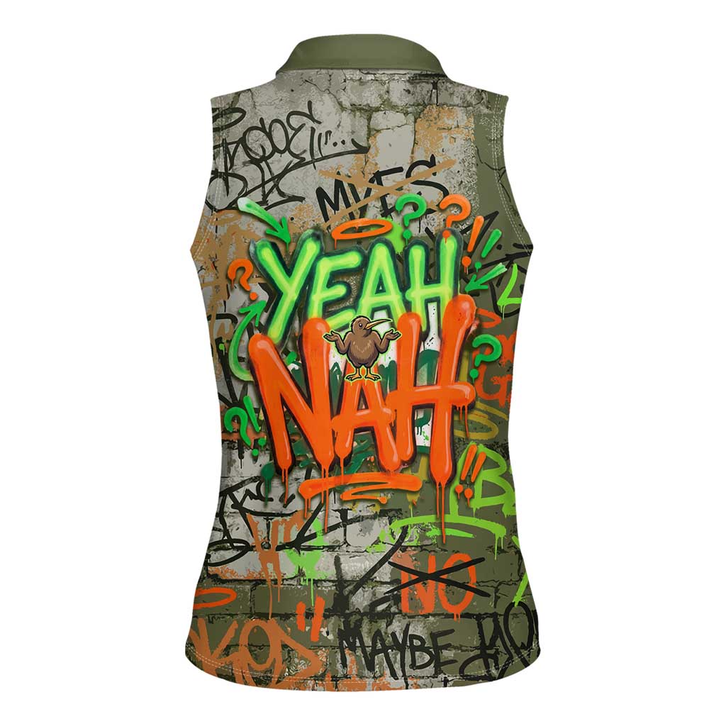 Yeah Nah Graffiti Skull New Zealand Slang Women Sleeveless Polo Shirt Kiwi Grunge Brick Wall and Bold Urban Street Art