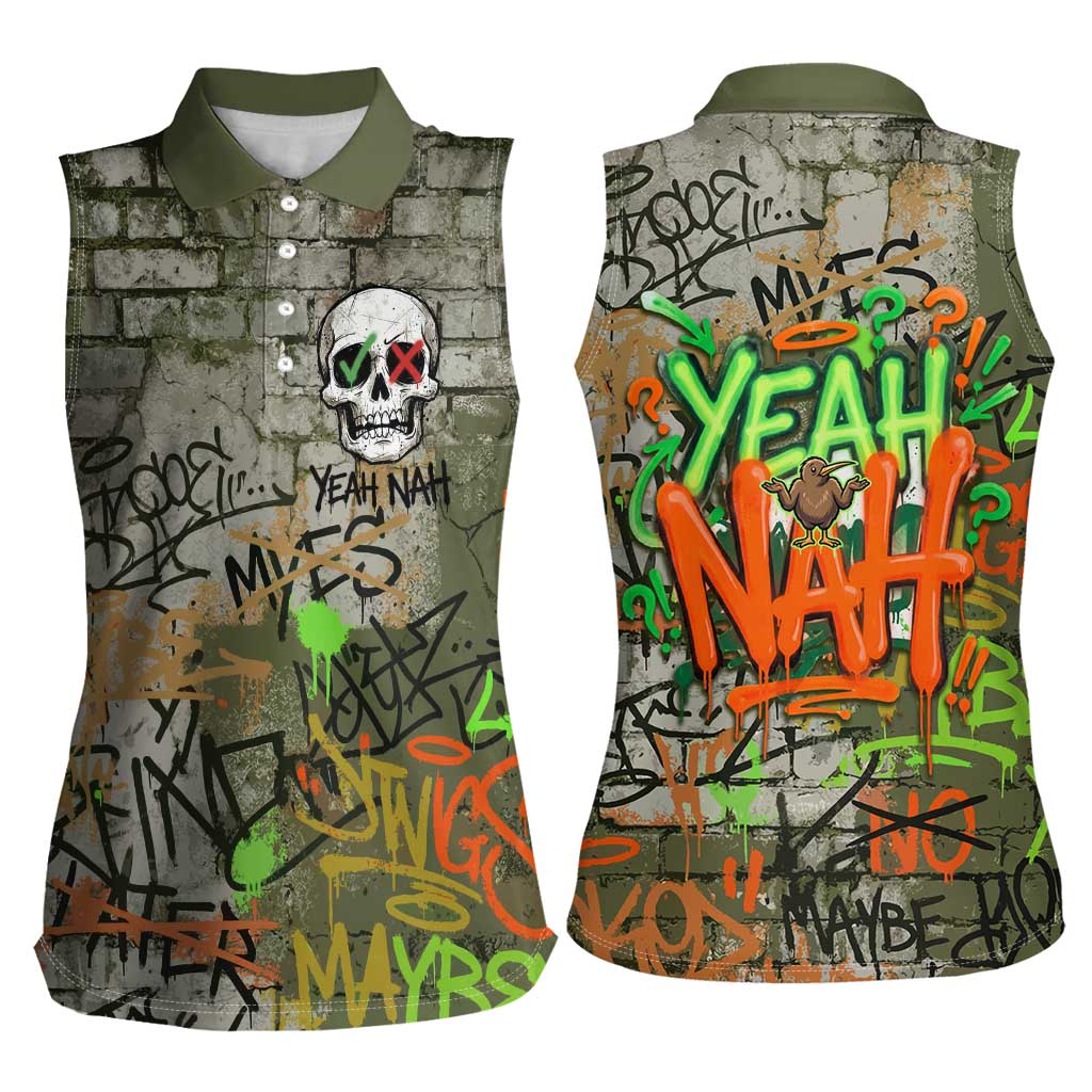 Yeah Nah Graffiti Skull New Zealand Slang Women Sleeveless Polo Shirt Kiwi Grunge Brick Wall and Bold Urban Street Art