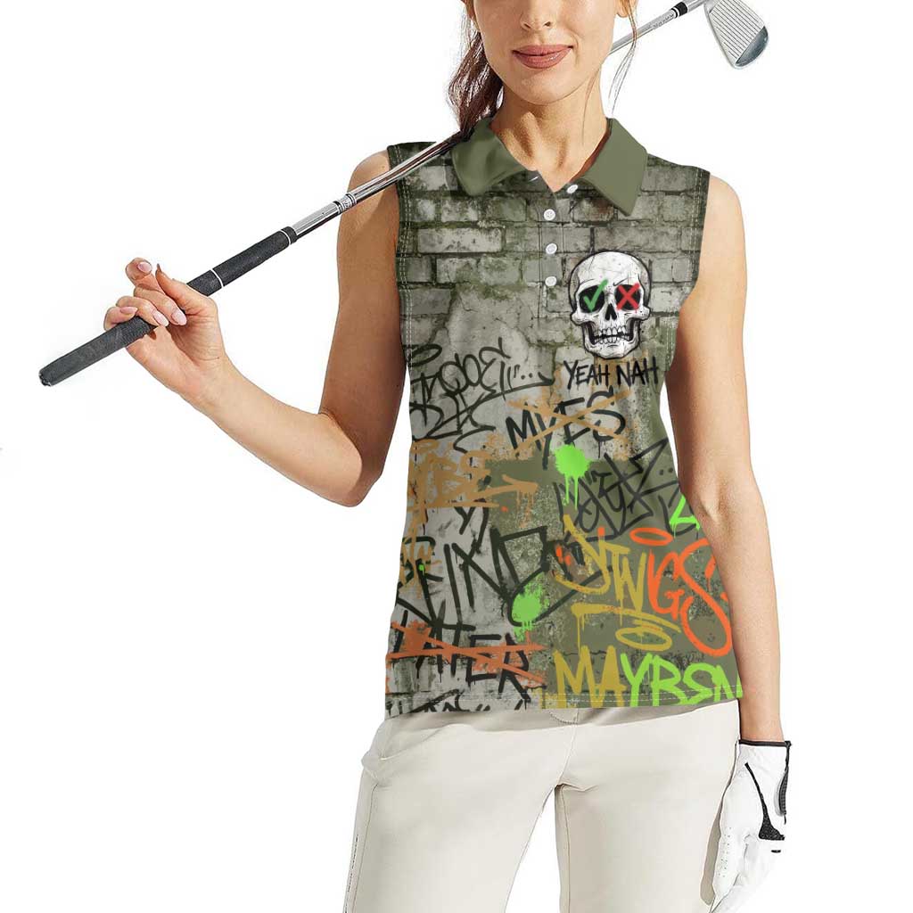 Yeah Nah Graffiti Skull New Zealand Slang Women Sleeveless Polo Shirt Kiwi Grunge Brick Wall and Bold Urban Street Art