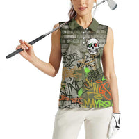 Yeah Nah Graffiti Skull New Zealand Slang Women Sleeveless Polo Shirt Kiwi Grunge Brick Wall and Bold Urban Street Art