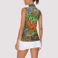 Yeah Nah Graffiti Skull New Zealand Slang Women Sleeveless Polo Shirt Kiwi Grunge Brick Wall and Bold Urban Street Art