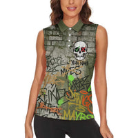 Yeah Nah Graffiti Skull New Zealand Slang Women Sleeveless Polo Shirt Kiwi Grunge Brick Wall and Bold Urban Street Art