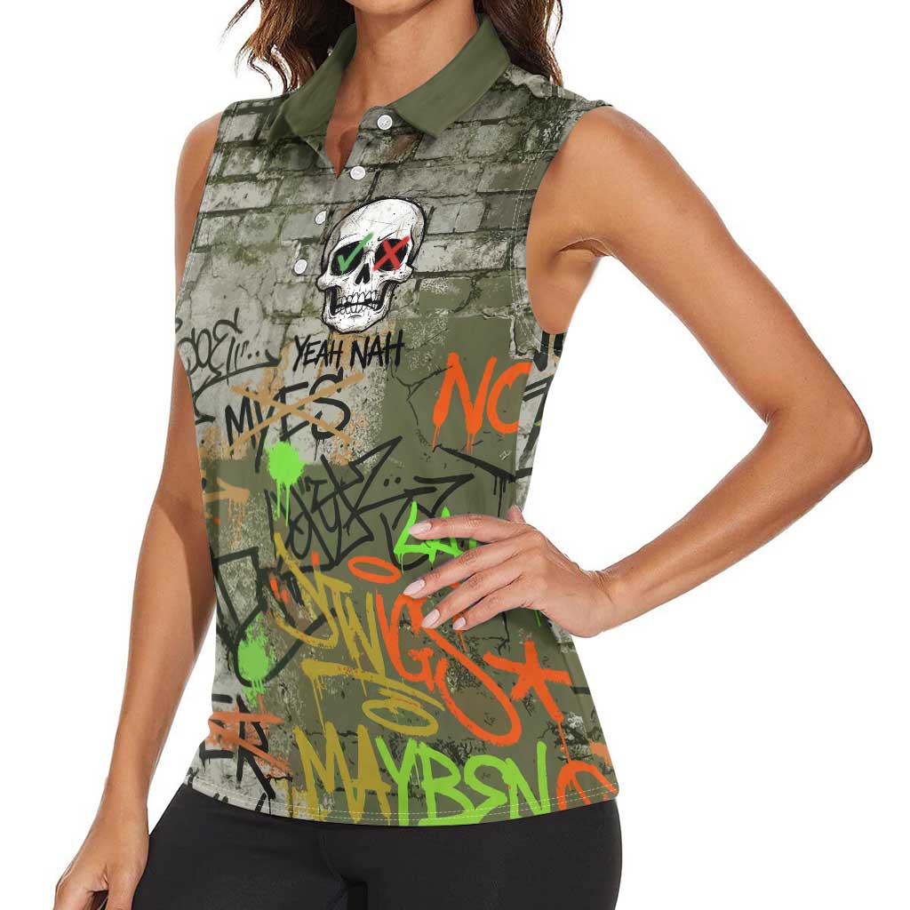 Yeah Nah Graffiti Skull New Zealand Slang Women Sleeveless Polo Shirt Kiwi Grunge Brick Wall and Bold Urban Street Art