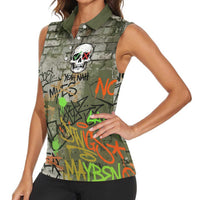 Yeah Nah Graffiti Skull New Zealand Slang Women Sleeveless Polo Shirt Kiwi Grunge Brick Wall and Bold Urban Street Art